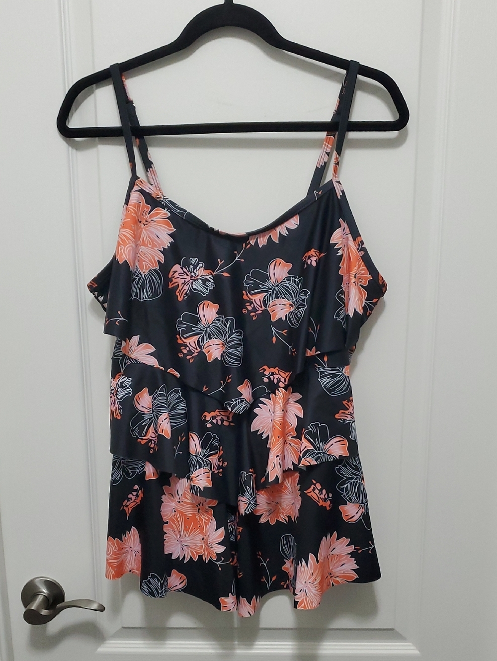 Floral Ruffle Swim Tankini Top in Black and Coral